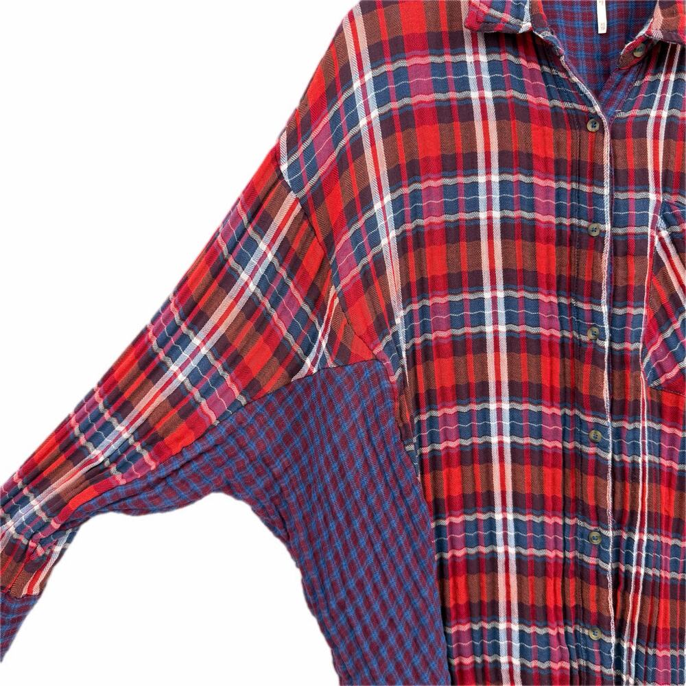 Free People One of the Guys Flannel Plaid Cotton Red White Blue Long Sleeve Top - Picture 10 of 13